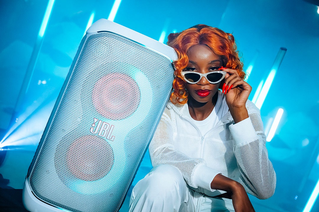 JBL PartyBox Stage 320 Bluetooth Speaker with Wireless Microphones - White