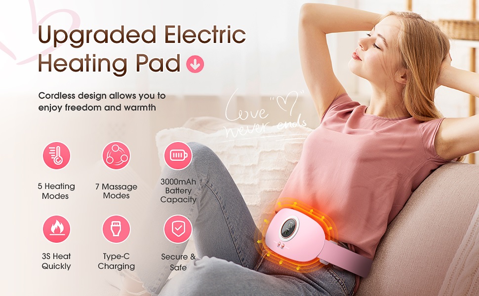 Menstrual Heating Pad, Portable Wireless Electric Pad 5 Massage Modes for Menstrual Period Back Pain Relief